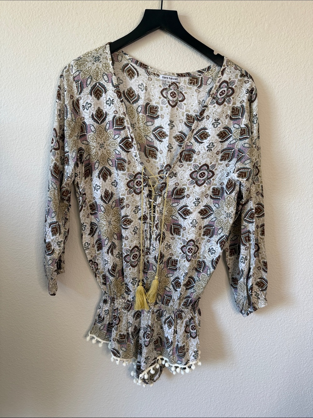 Tiare Hawaii Cream Floral Paisley Tie-Front Peasant Romper with Yellow Tassels